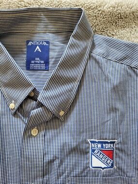 Antigua Men's Blue and White Checked Button-Down Shirt with Rangers Patch